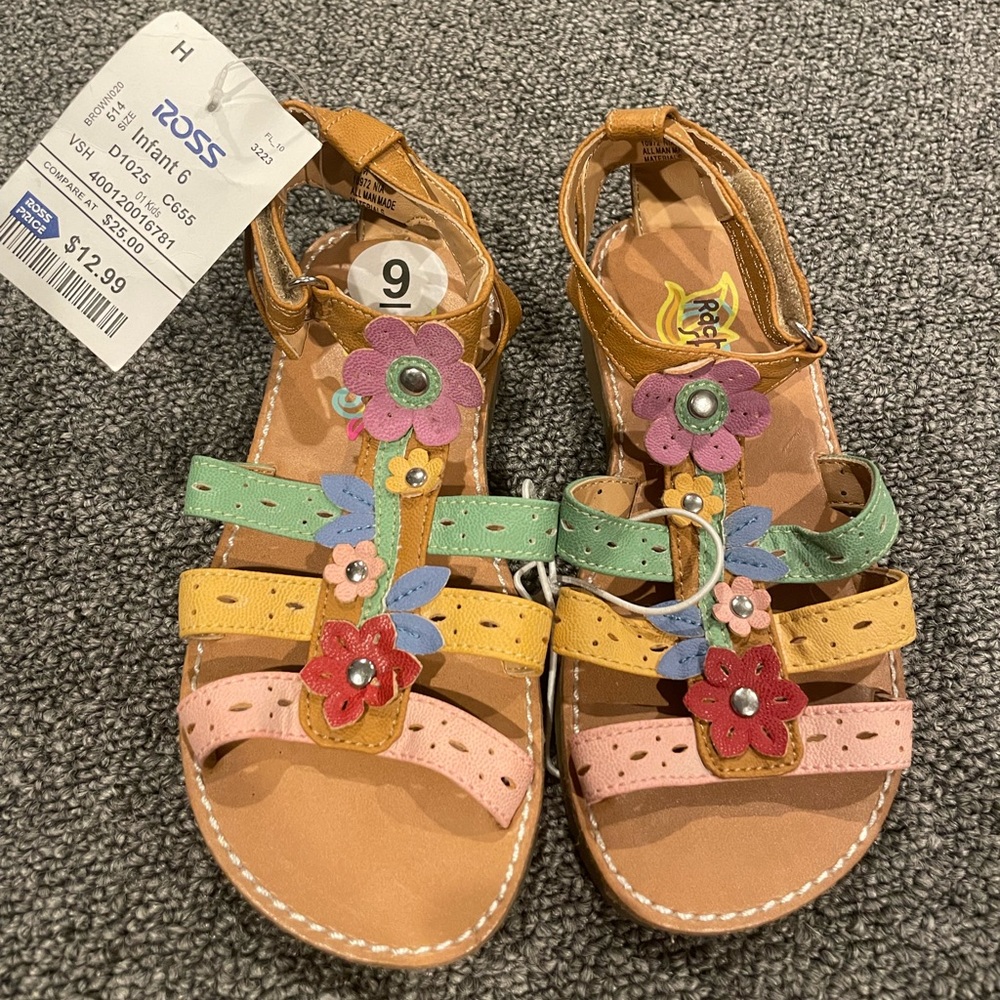 Infant 6 girl flower sandal, never worn with tags. Tan/ pink/yellow/green